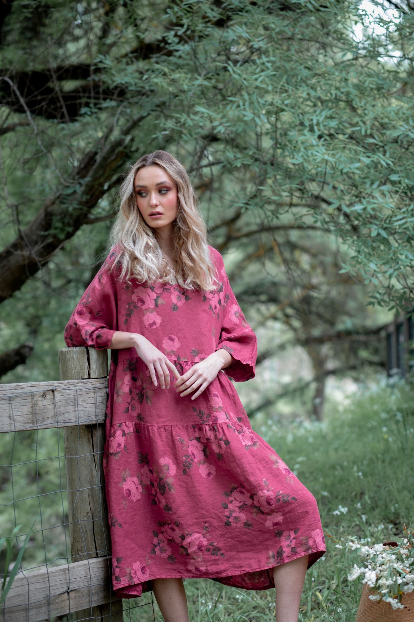 Stella floral linen dress. Bordeaux Rose
