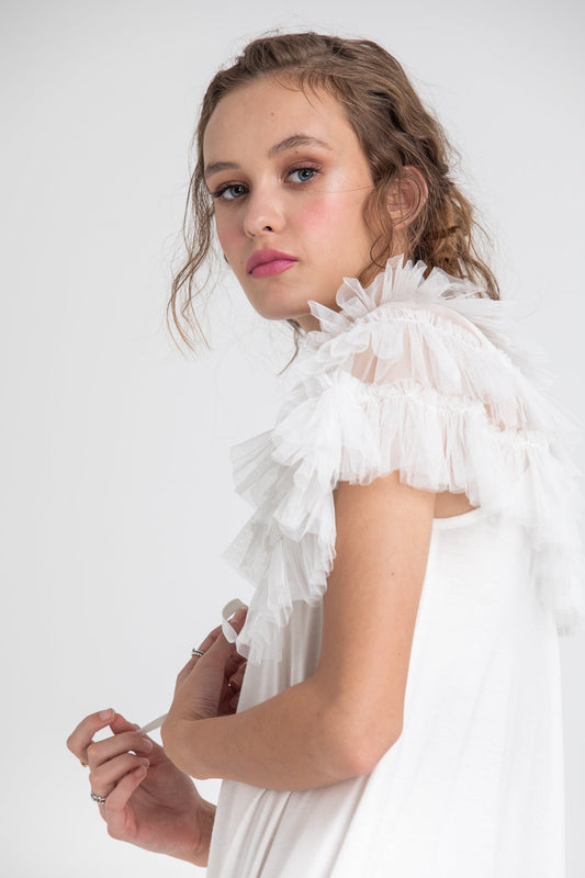 Tulle faerie cape ruffled collar. icing sugar white