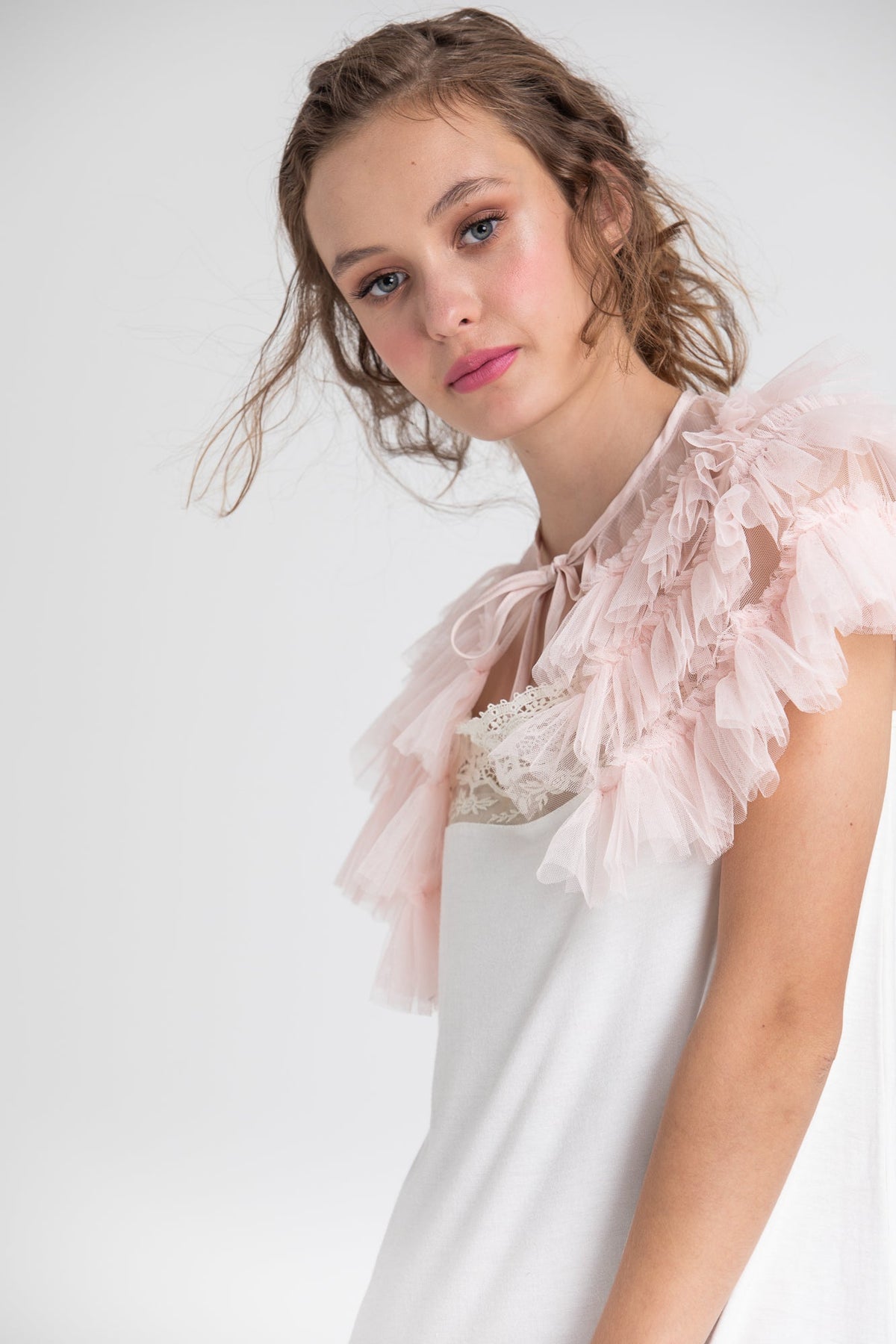 Tulle faerie cape ruffled collar. pale blush