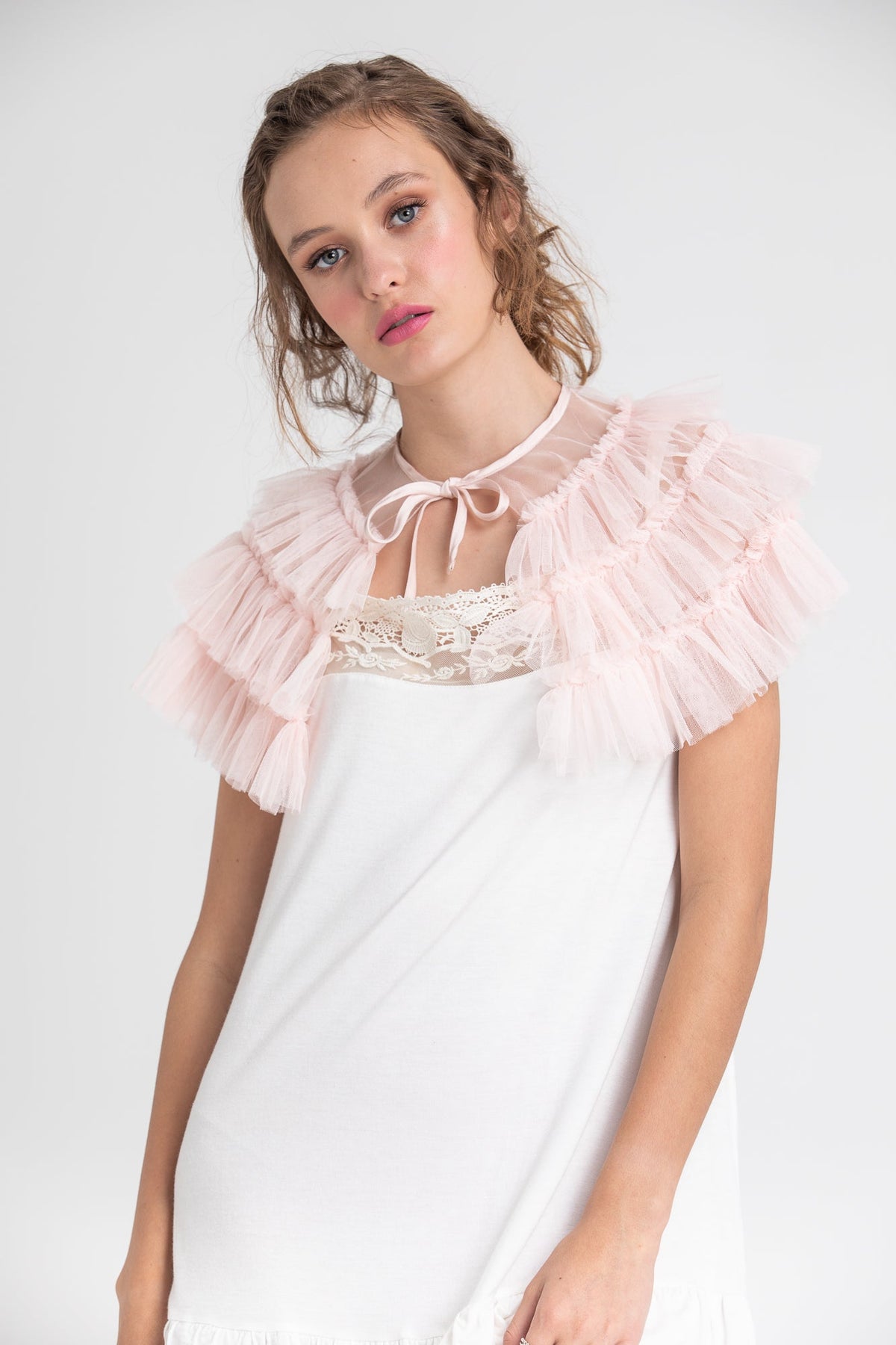 Tulle faerie cape ruffled collar. pale blush