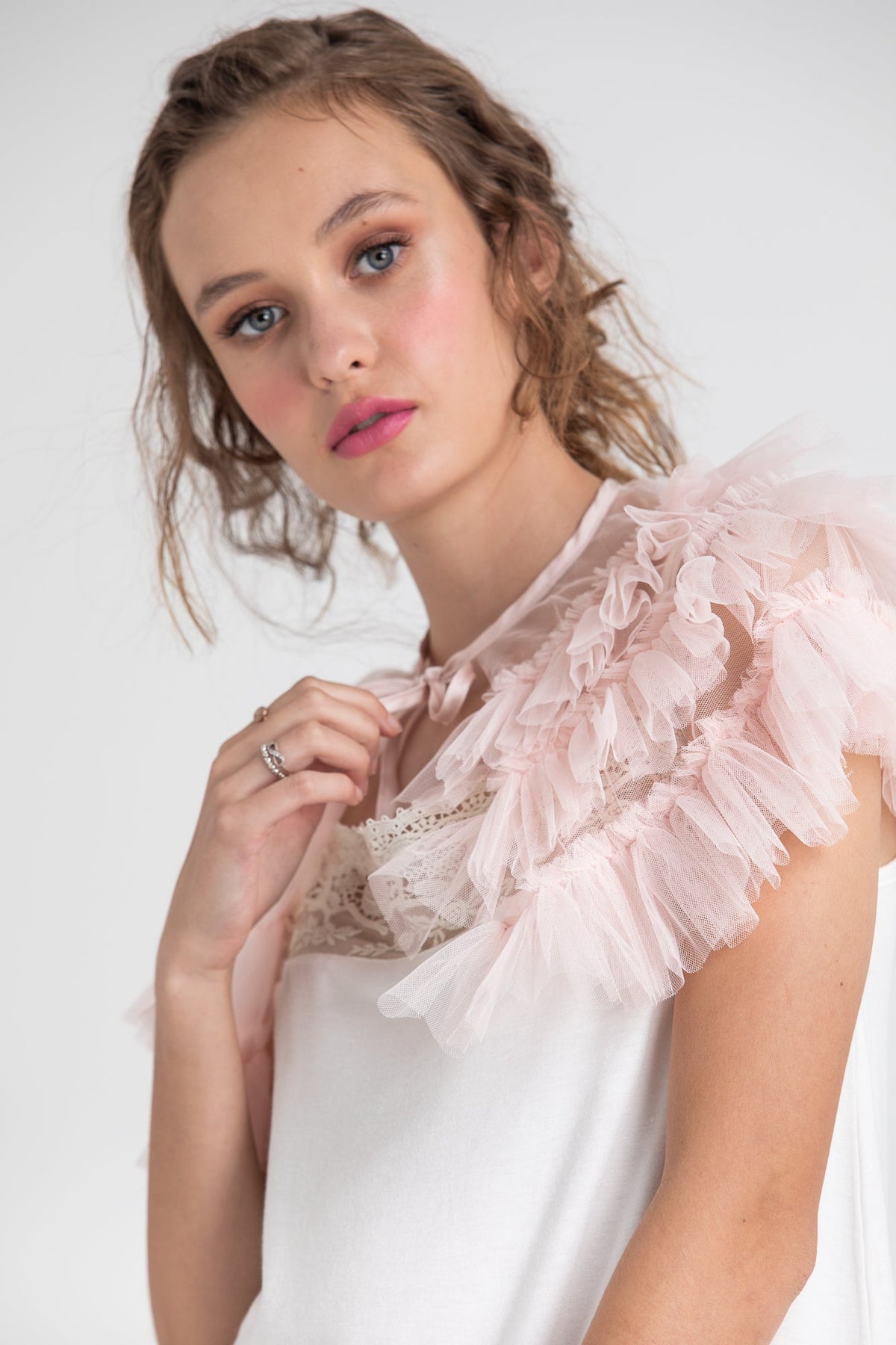 Tulle faerie cape ruffled collar. pale blush