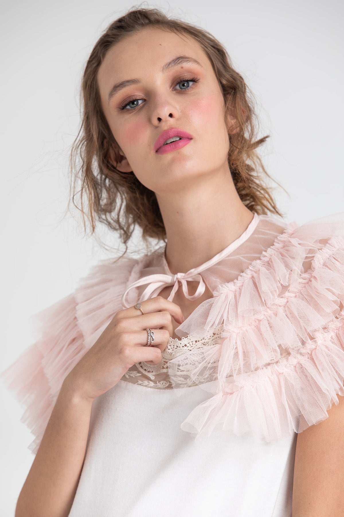 Tulle faerie cape ruffled collar. pale blush