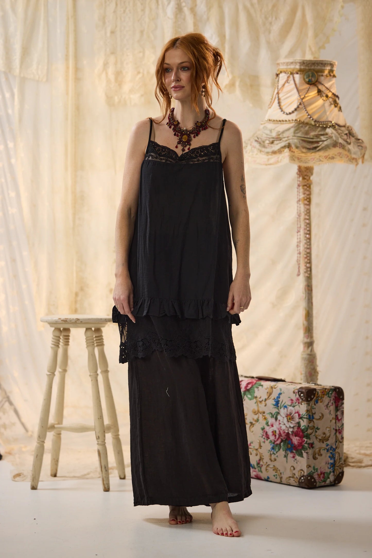 Minette cotton and lace short slip dress. Black.