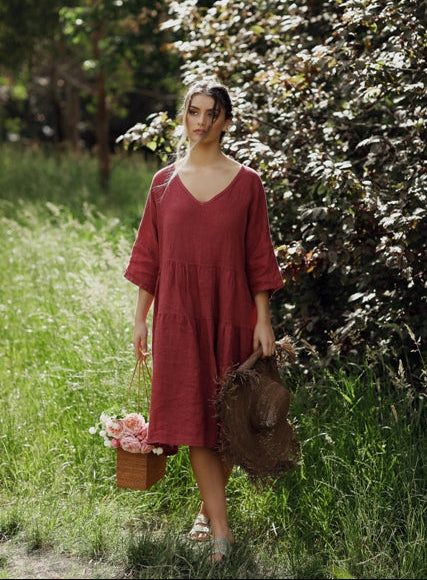 Stella linen dress. Indian Red