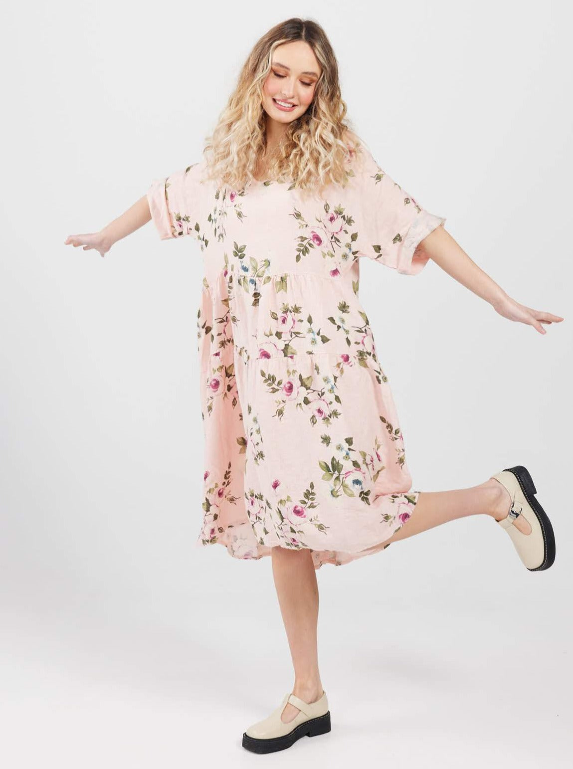 Stella floral linen dress. Blush Rose