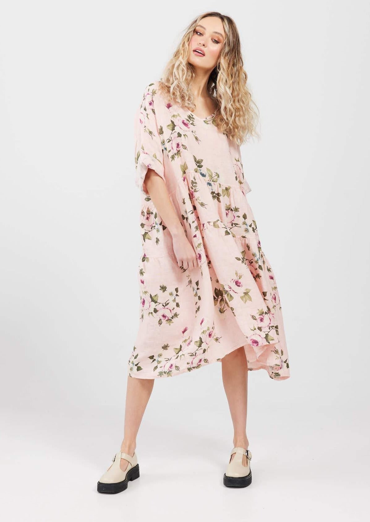 Stella floral linen dress. Blush Rose