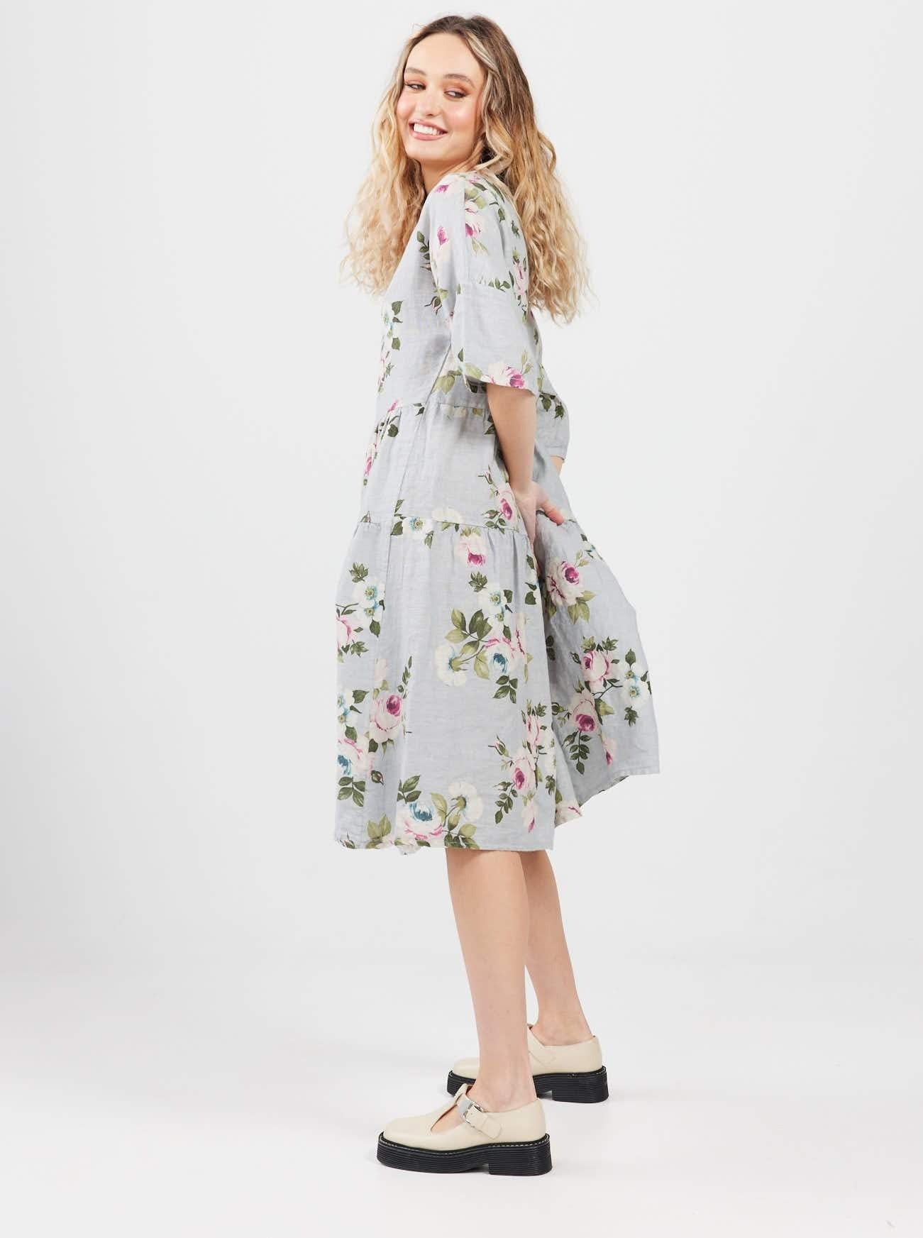 Stella floral linen dress. Dove Grey