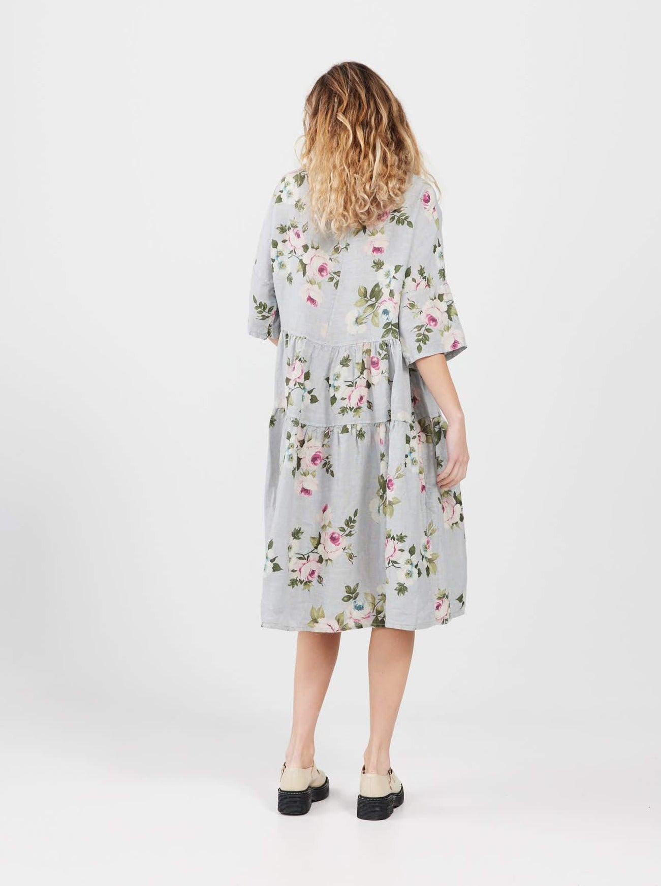Stella floral linen dress. Dove Grey