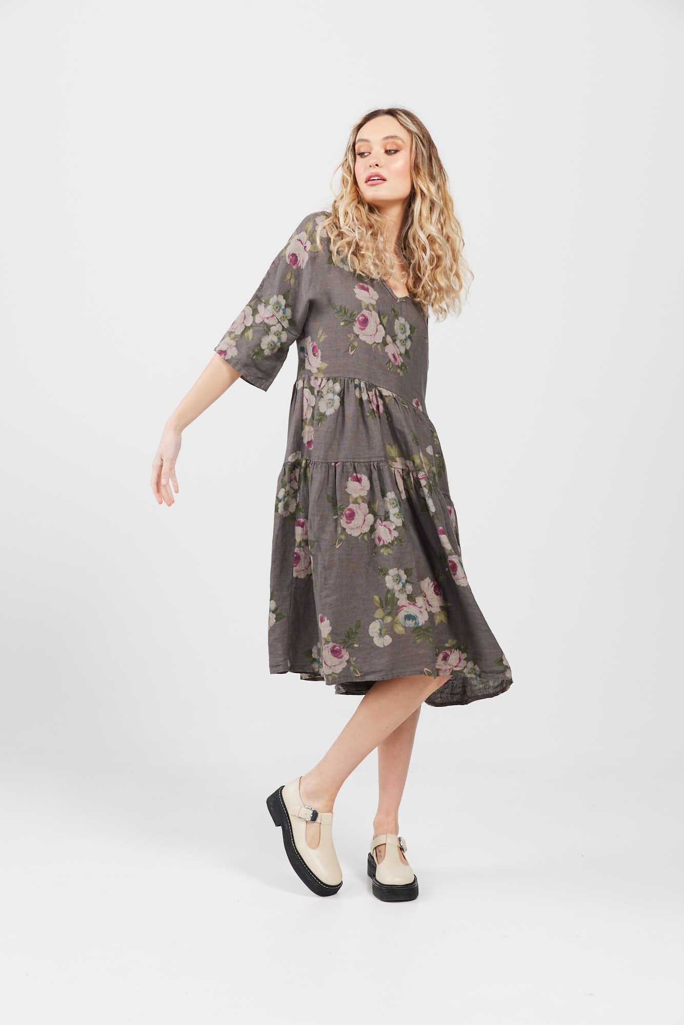 Stella floral linen dress. Charcoal