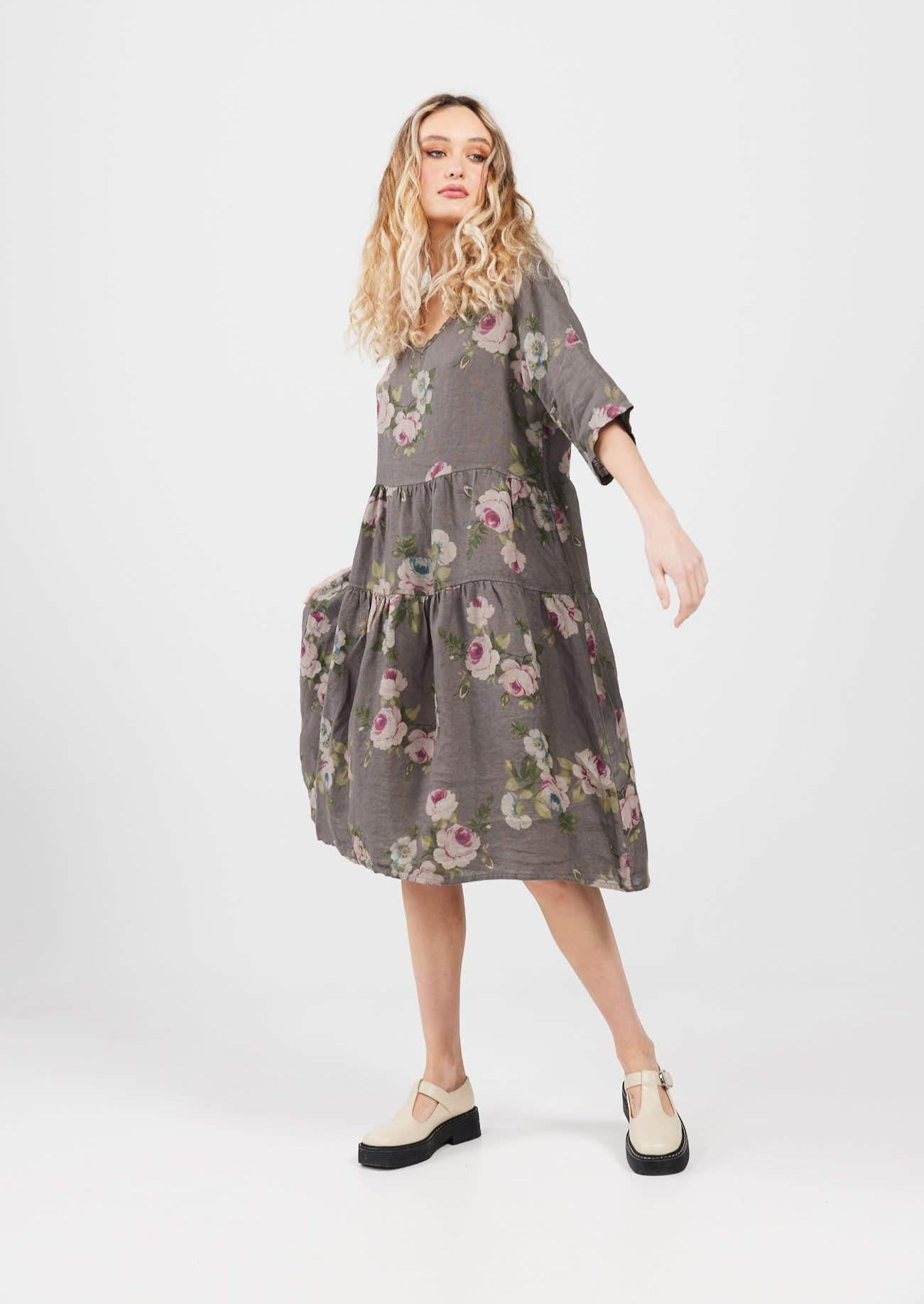 Stella floral linen dress. Charcoal