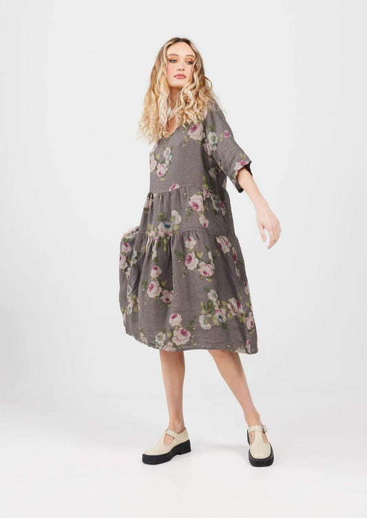 Stella floral linen dress. Charcoal