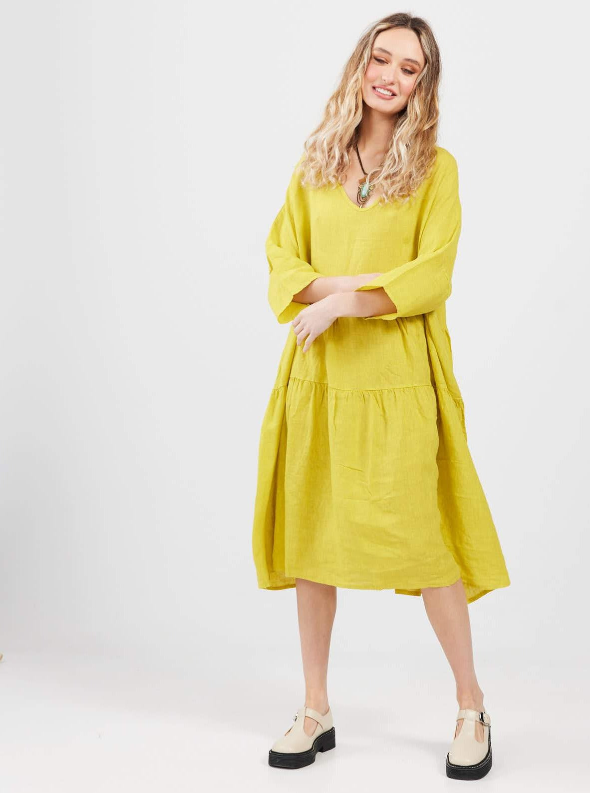 Stella linen dress. Chartreuse