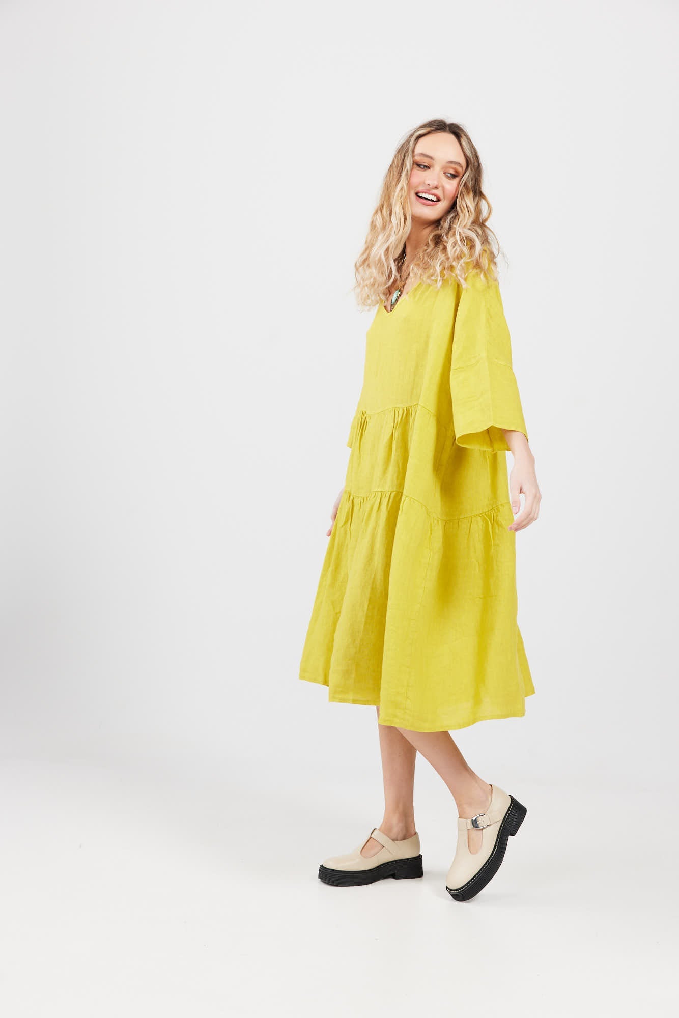 Stella linen dress. Chartreuse