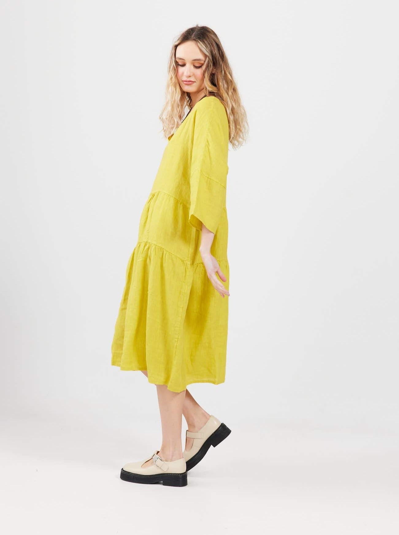 Stella linen dress. Chartreuse