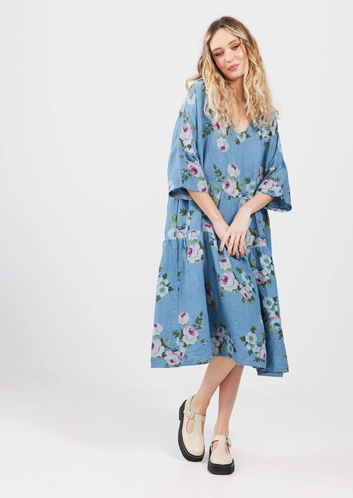Stella floral linen dress. Denim Blue Rose