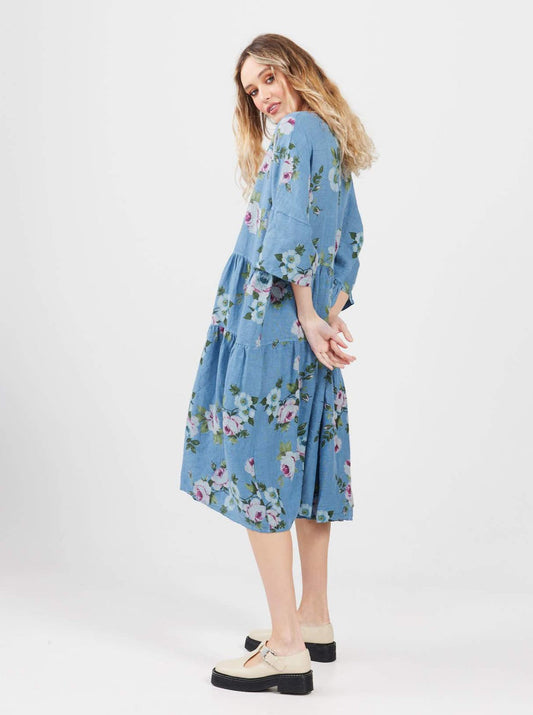 Stella floral linen dress. Denim Blue Rose