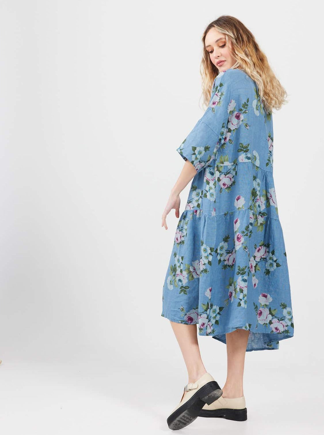 Stella floral linen dress. Denim Blue Rose