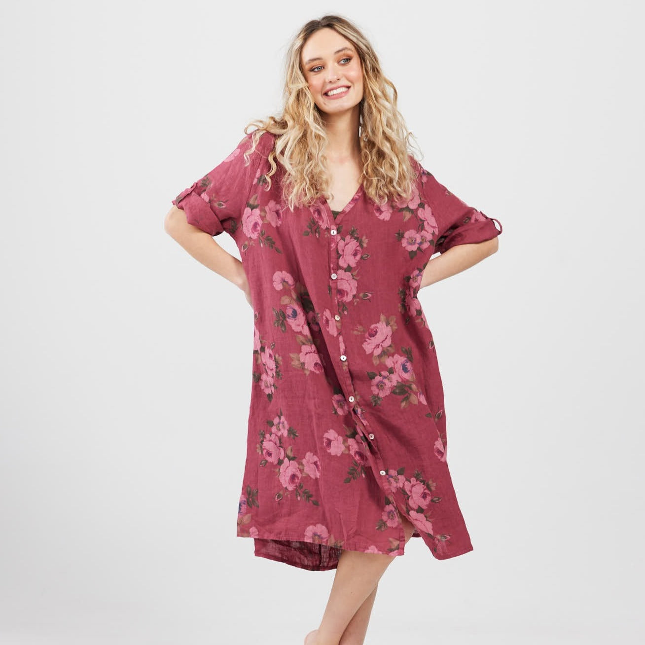 Abigail Linen floral dress . Bordeaux