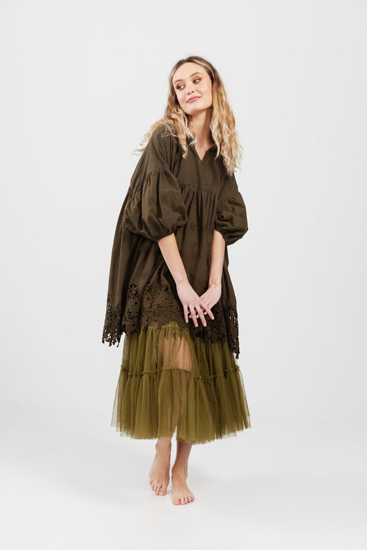 French lace smock. Moss