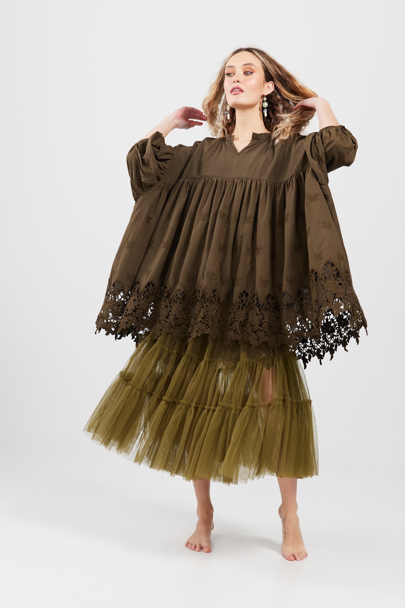 French lace smock. Moss