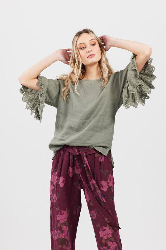 Ellie lace ruffled sleeve linen top. Khaki