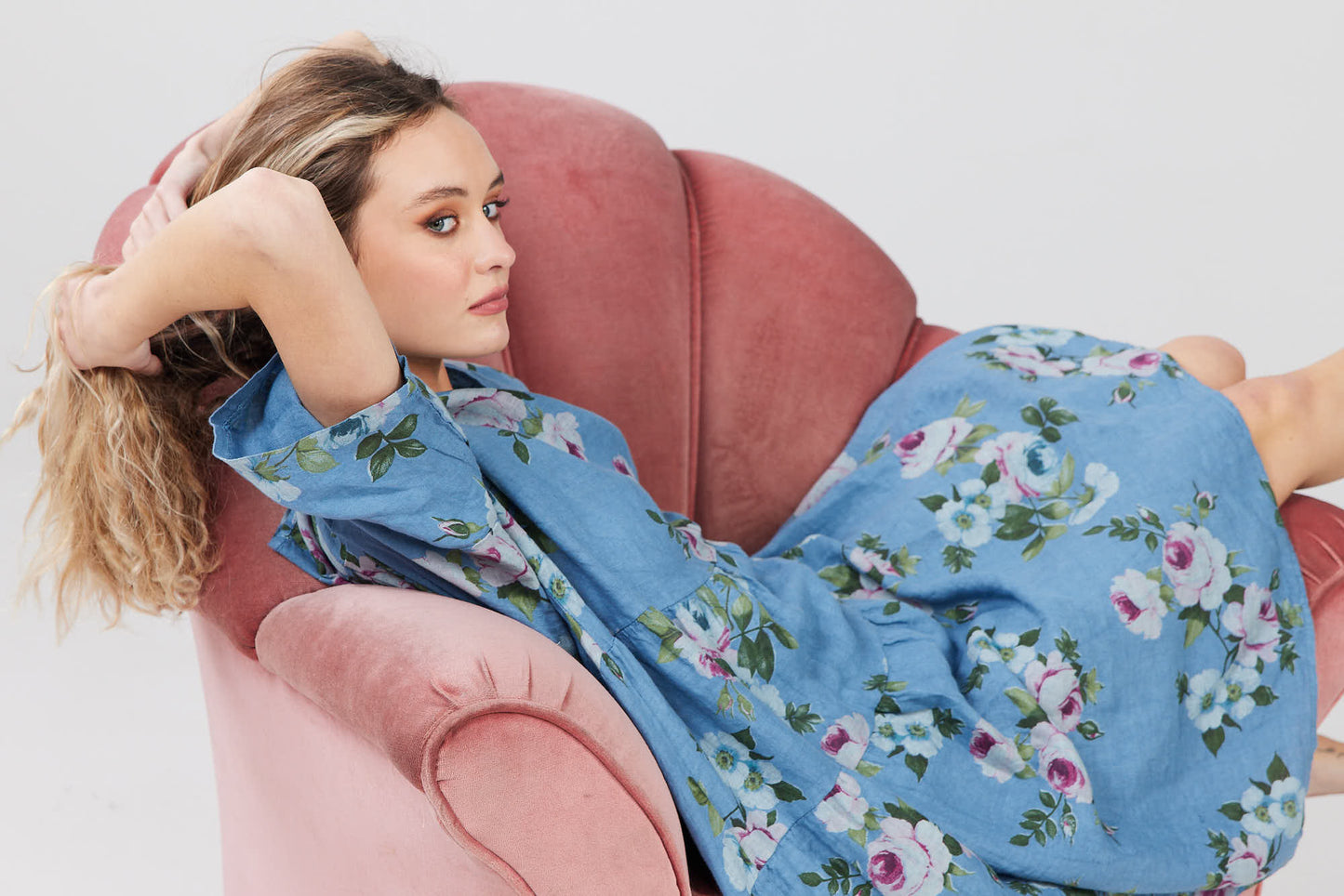 Stella floral linen dress. Denim Blue Rose