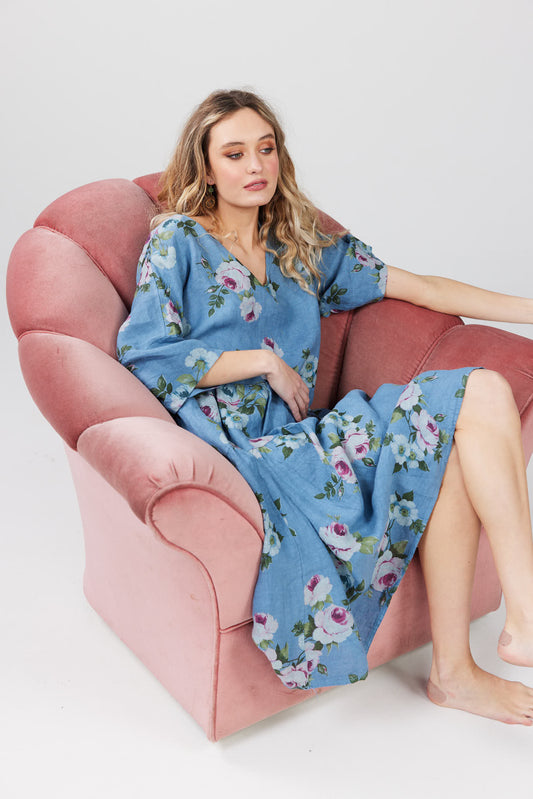 Stella floral linen dress. Denim Blue Rose