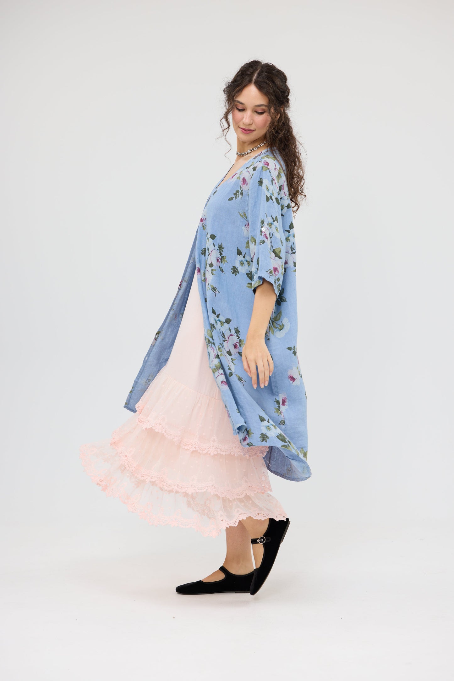 Abigail Linen floral dress. Blue Rose