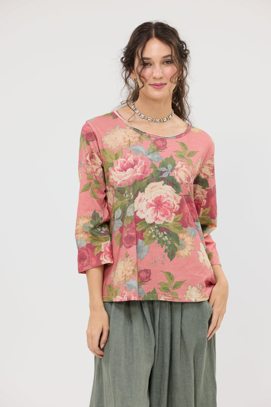 Talk to Me in Flowers cotton floral Tee . Vintage inspired Relaxed fit top. Coral Bouquet
