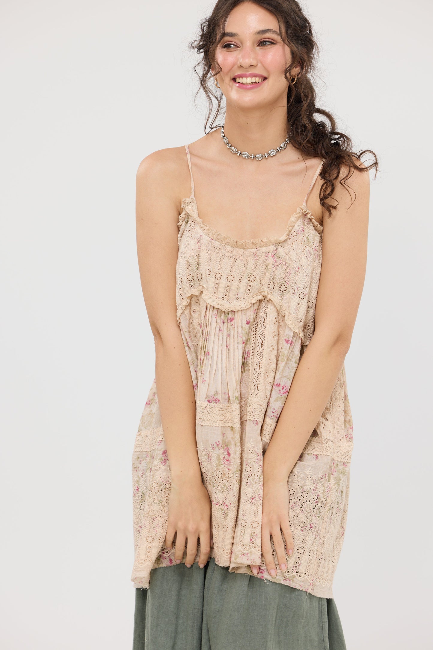 Celandine Embroidered Lace Cotton Camisole Top . Faded floral Posy