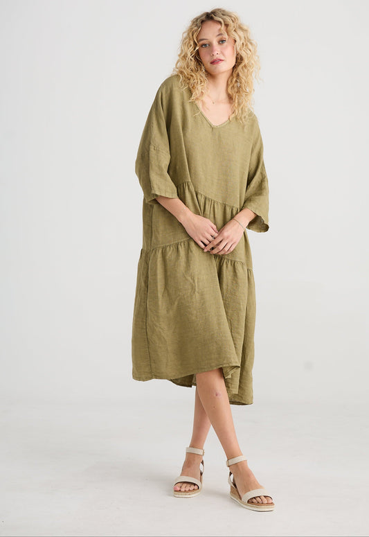 Stella linen dress. Pale Olive