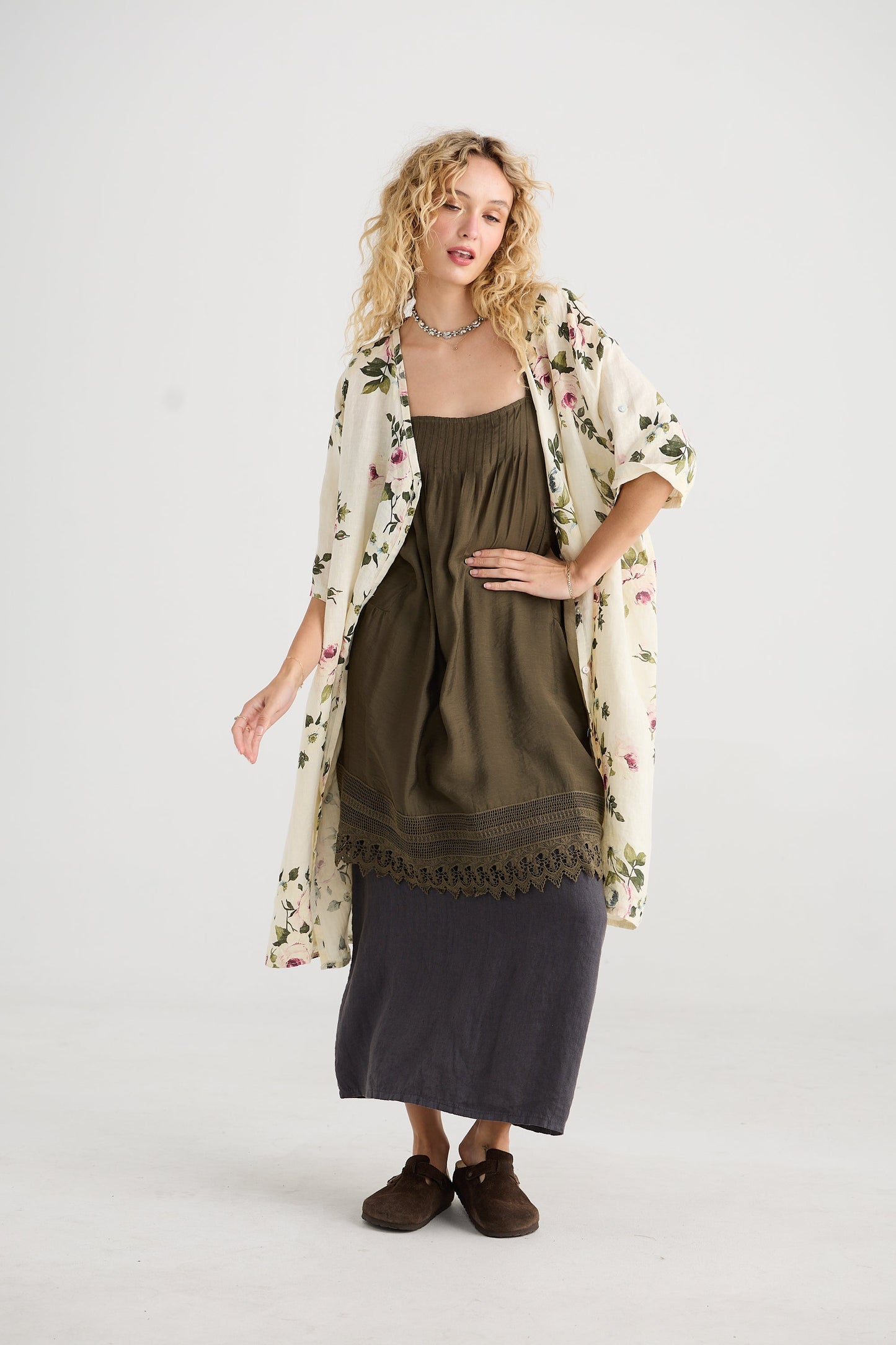 Amelie Lace Edged Slip. Moss