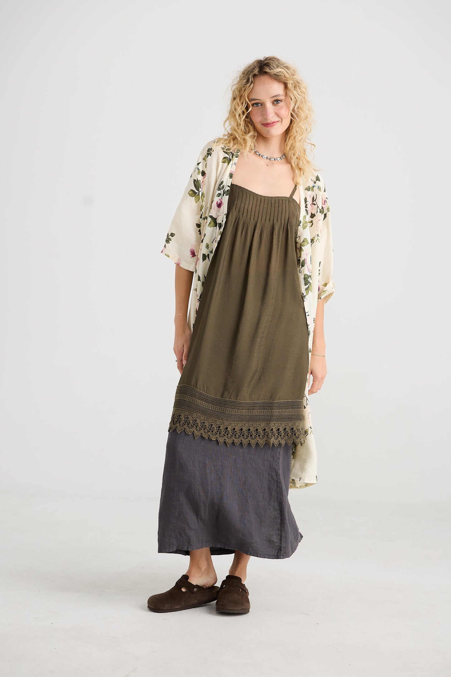 Amelie Lace Edged Slip. Moss