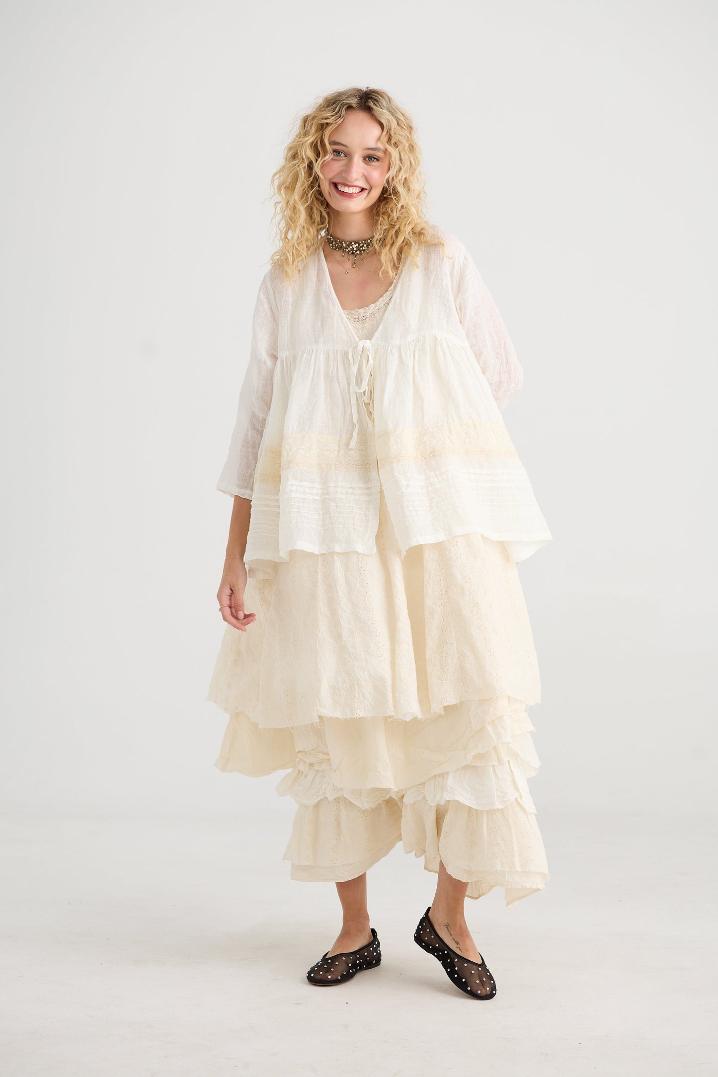 Elodie Short Linen gauze and Lace jacket. Cream Puff