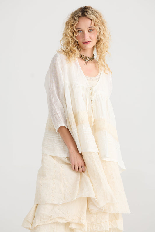 Elodie Short Linen gauze and Lace jacket. Cream Puff