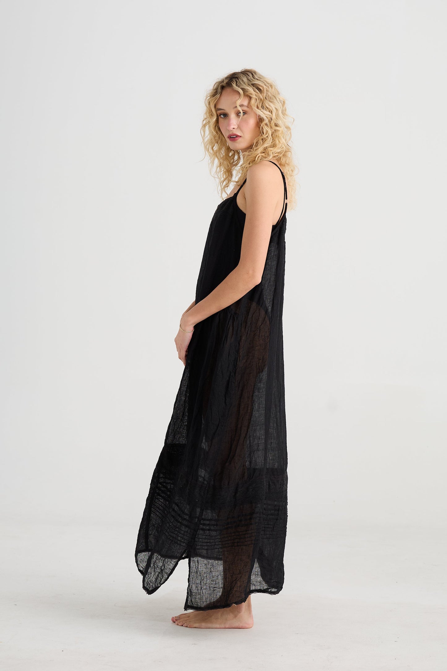 Isadore long linen gauze cami dress. Licorice
