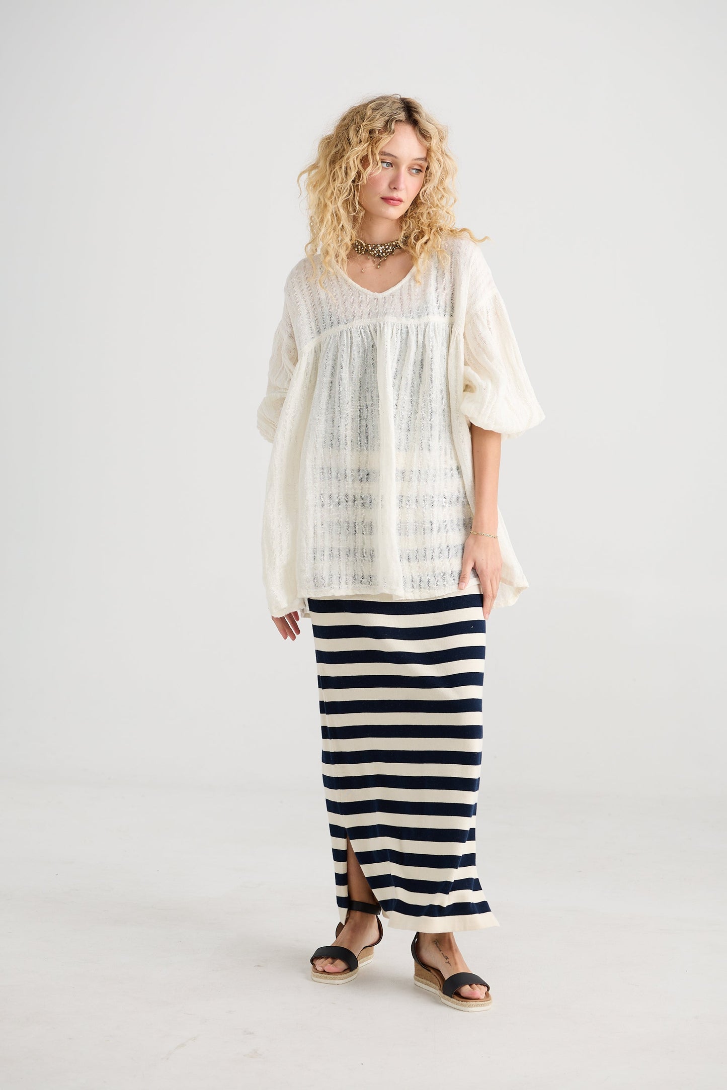 Sailor Rose striped cotton skirt. French Navy & Cream