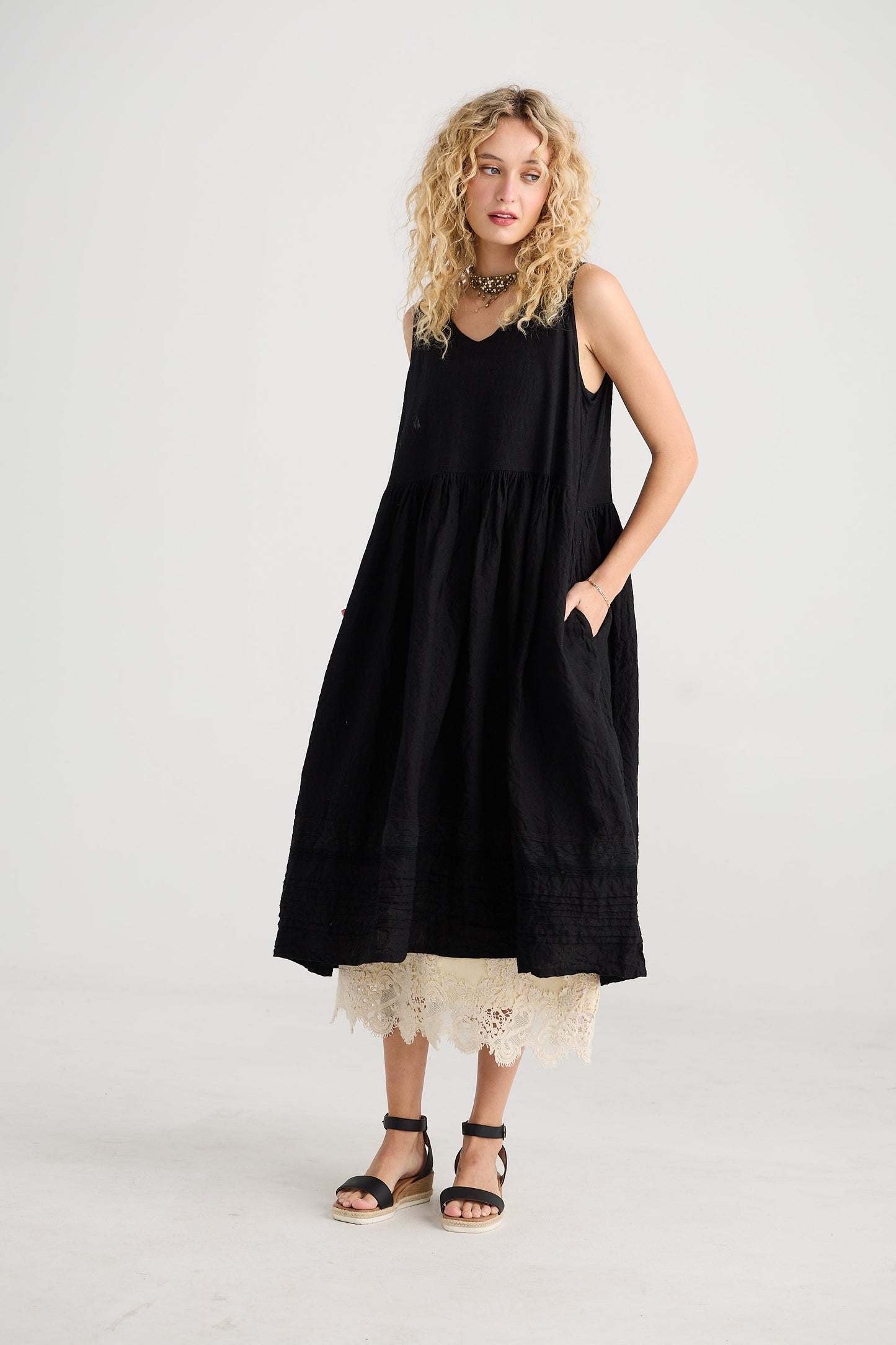Cassandra Linen and Lace dress. Licorice