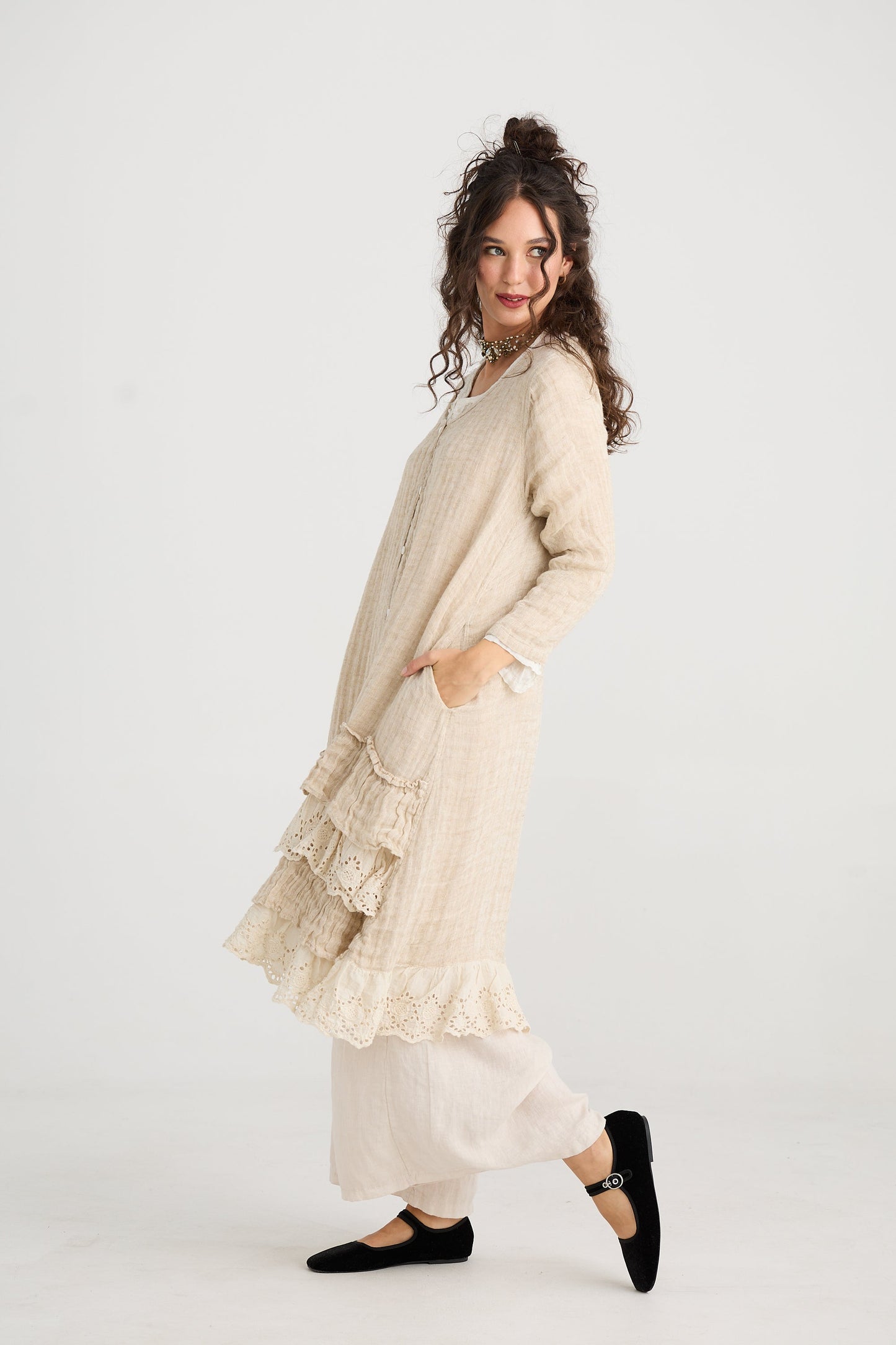 Florette Linen and Lace long Coat . Coconut