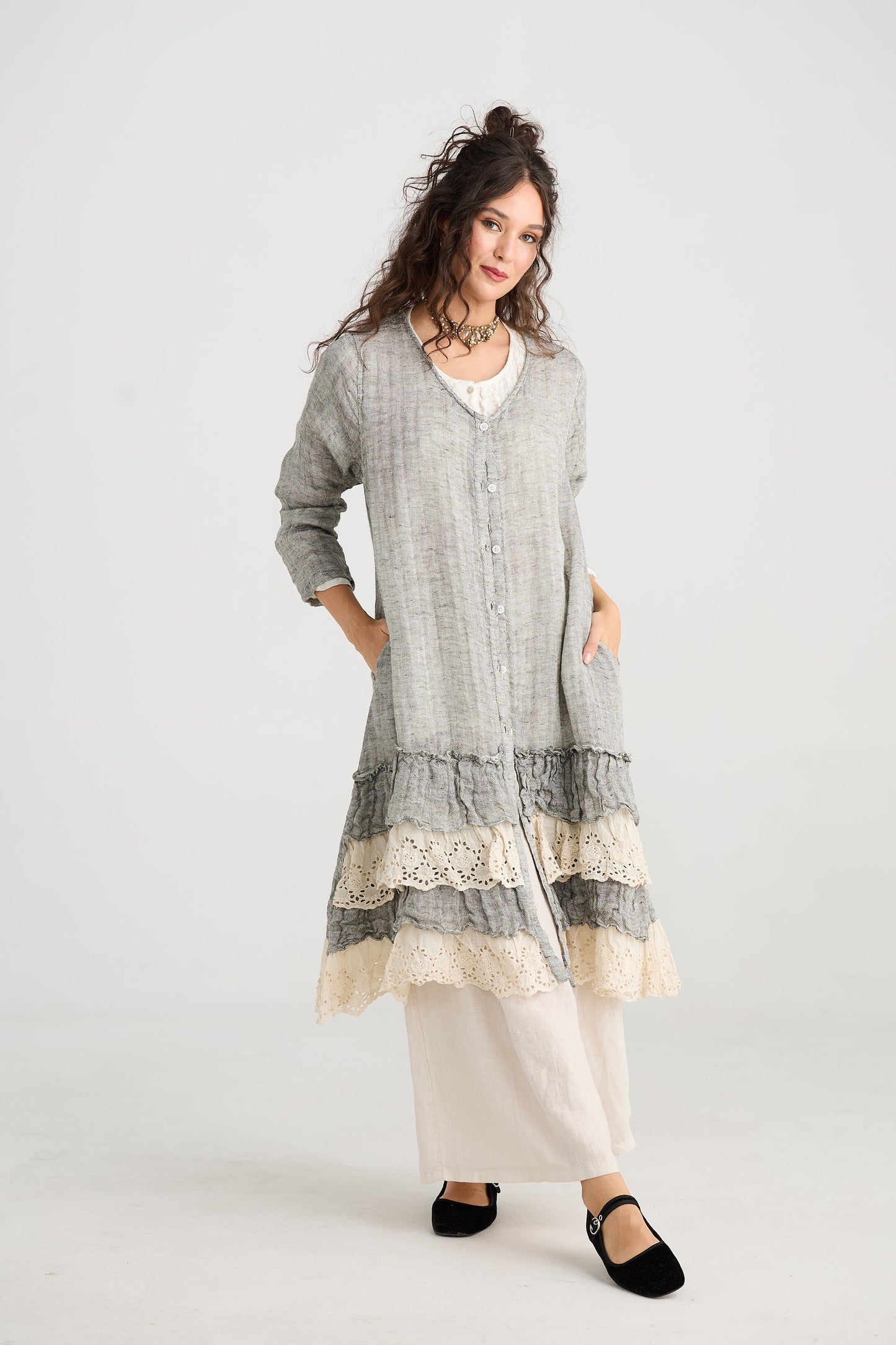 Florette Linen and lace coat. Mist Grey