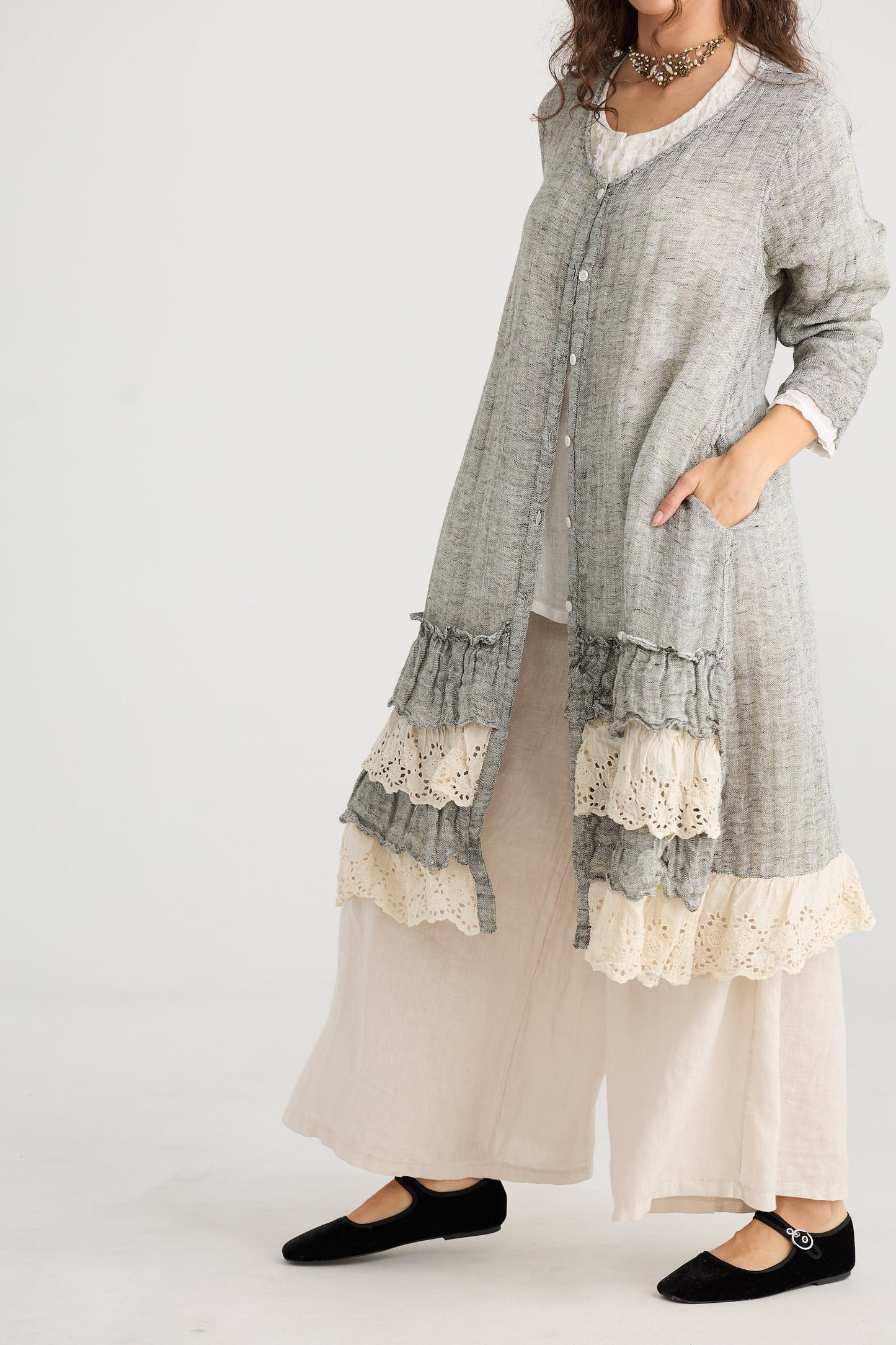 Florette Linen and lace coat. Mist Grey