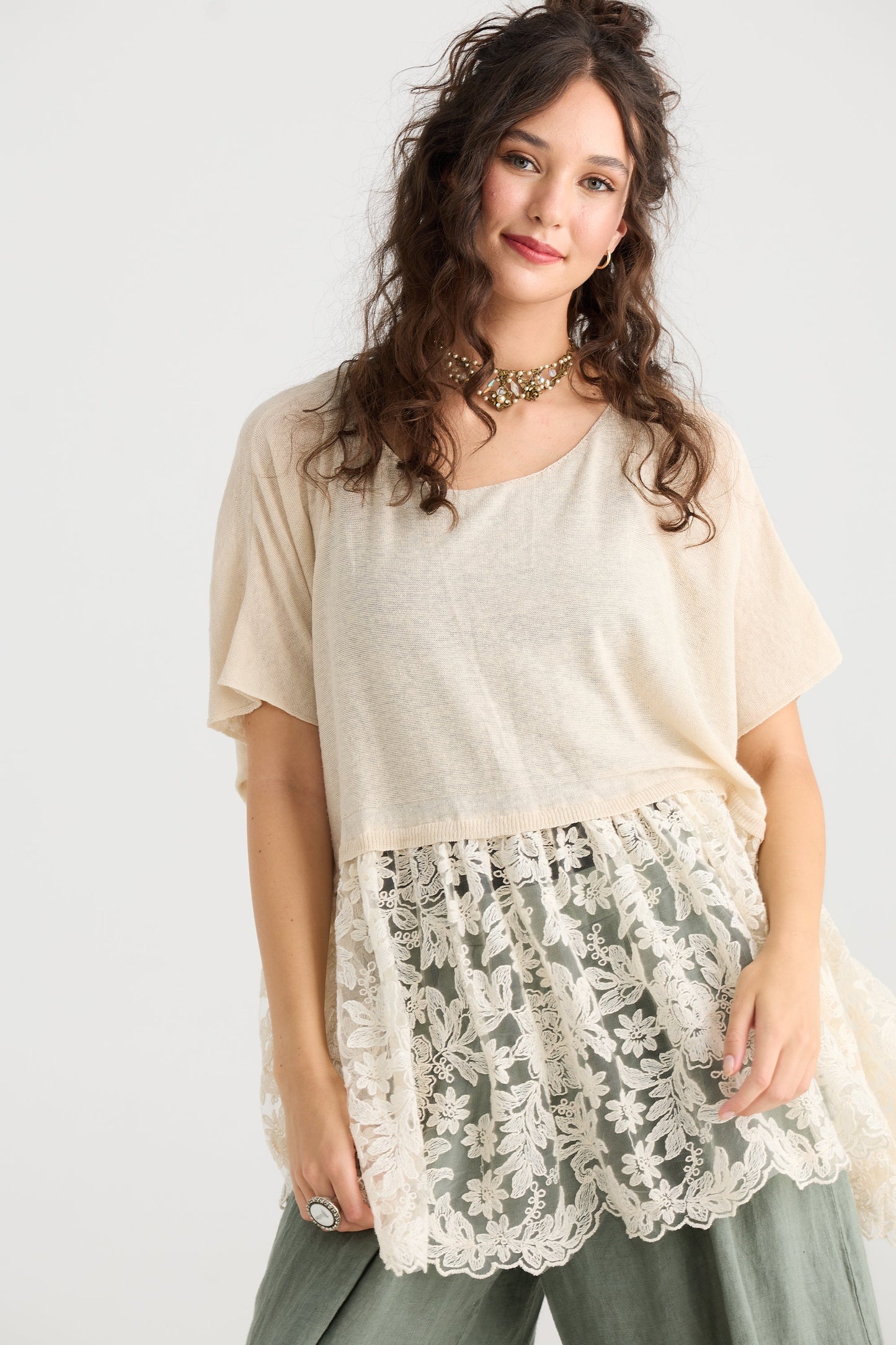 Lillibelle Linen and Lace top. Vanilla