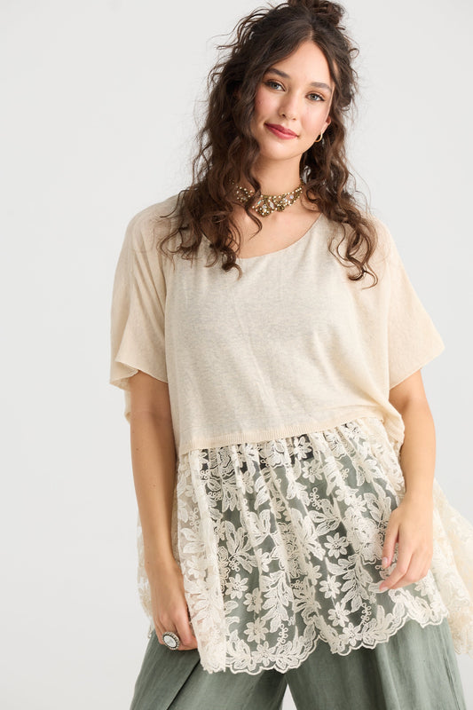 Lillibelle Linen and Lace top. Vanilla