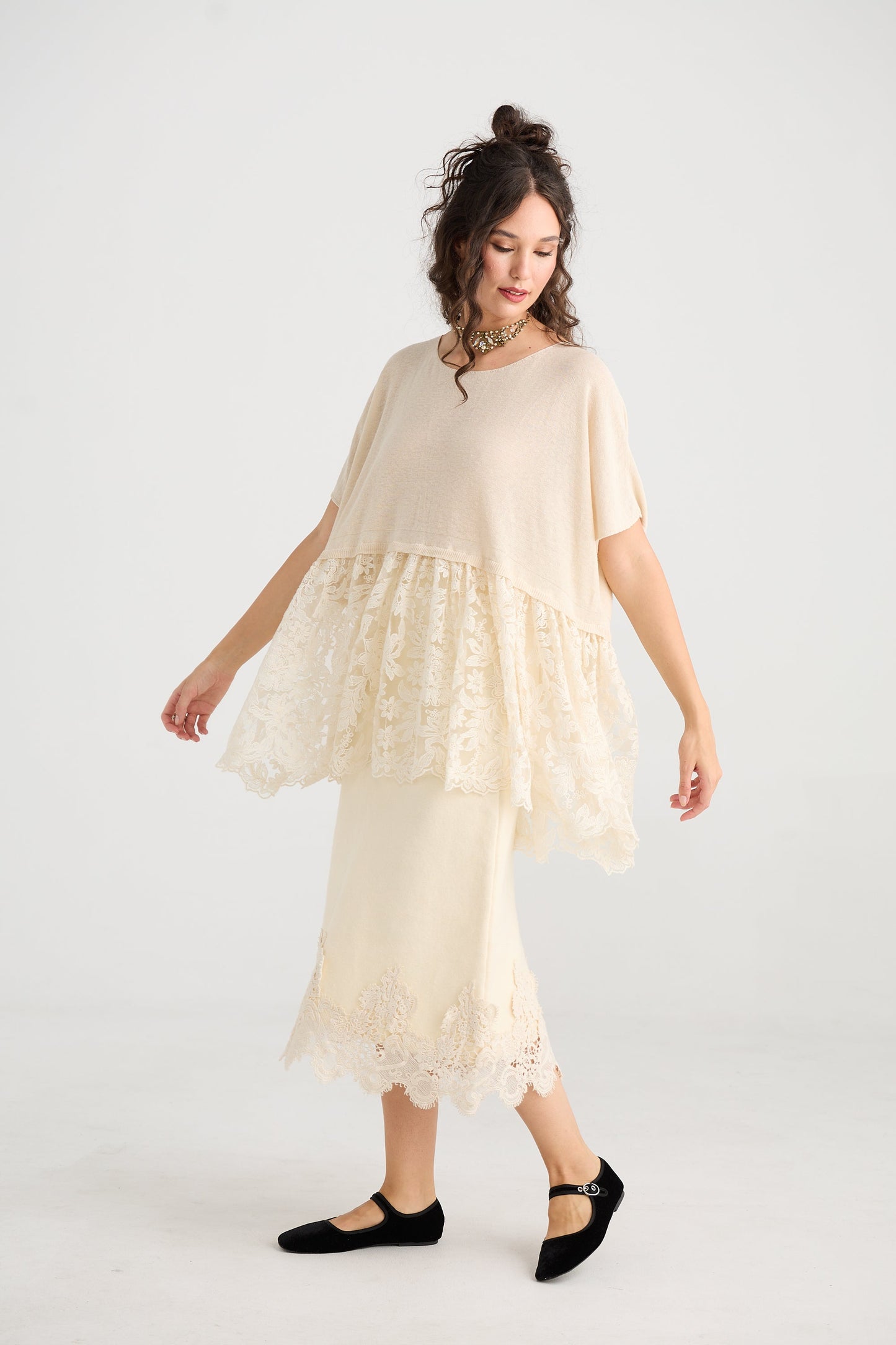 Earth Angel lace edged skirt. Coconut