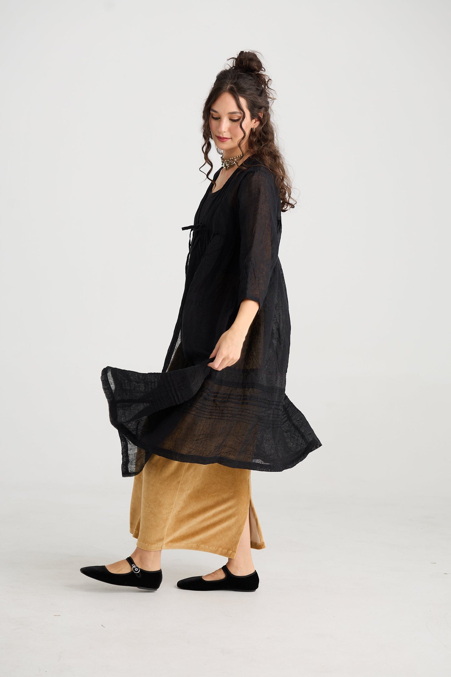 Enchantress long linen gauze coat. Licorice