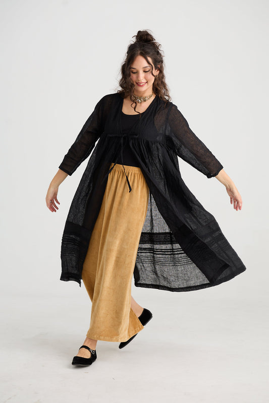 Enchantress long linen gauze coat. Licorice