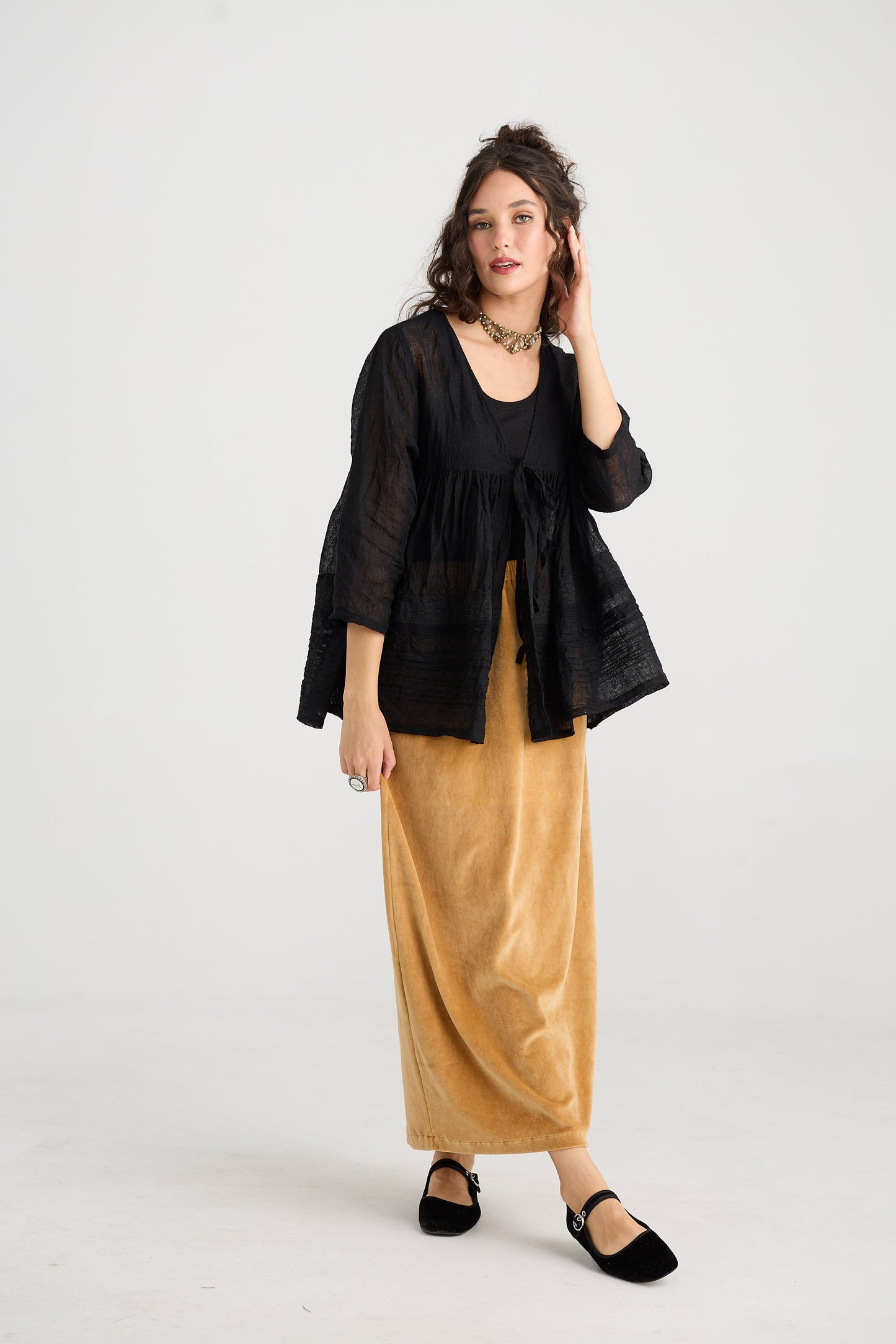 Elodie short Linen gauze and lace jacket. Licorice