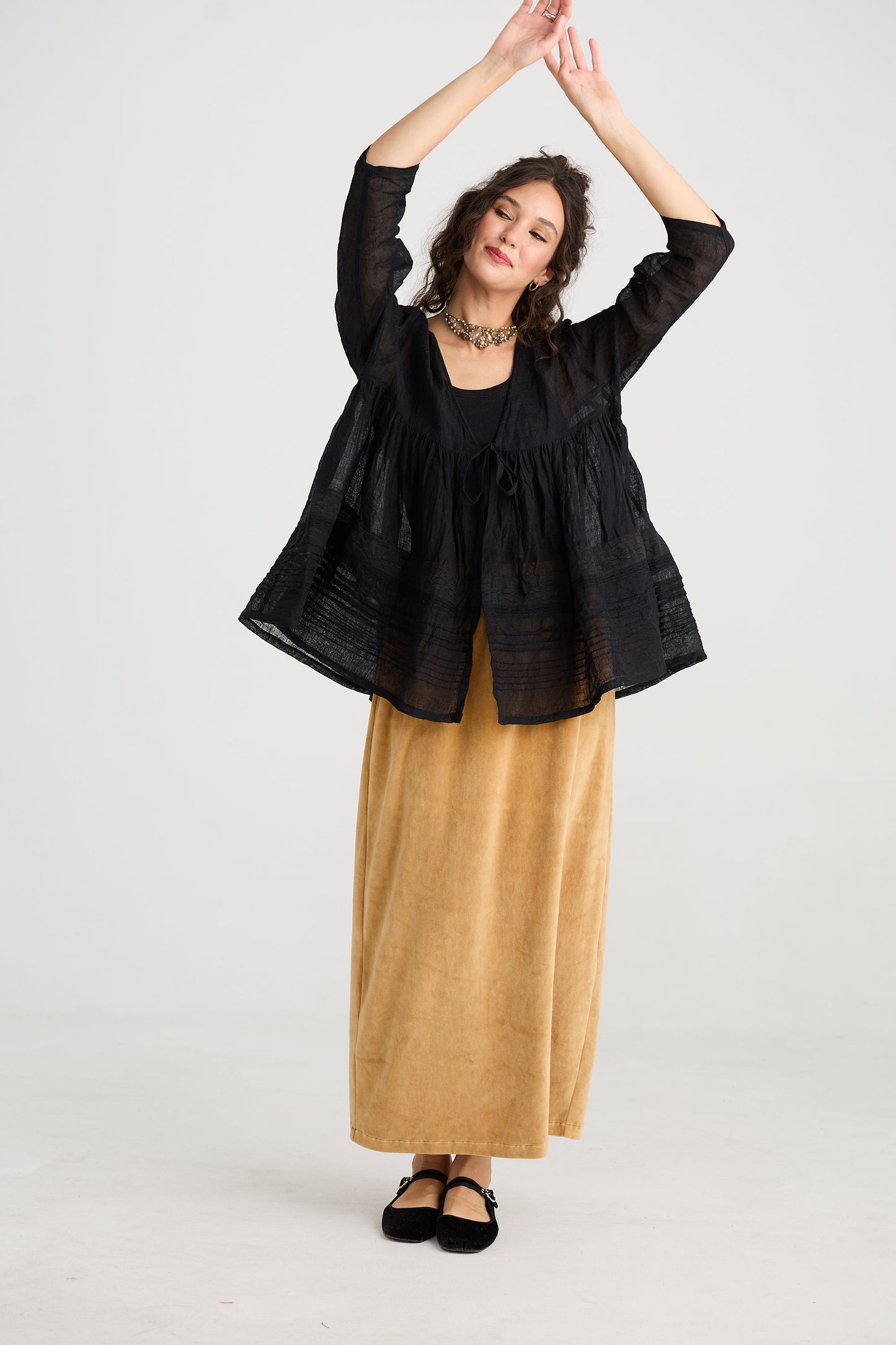 Elodie short Linen gauze and lace jacket. Licorice