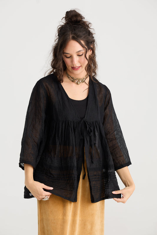 Elodie short Linen gauze and lace jacket. Licorice