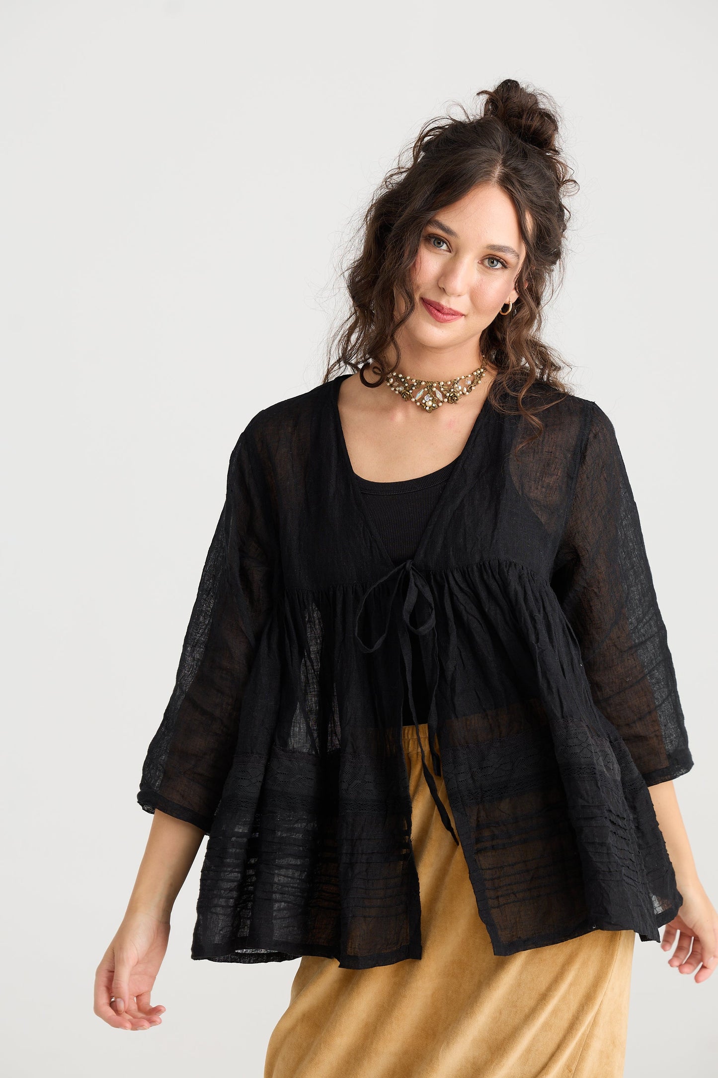 Elodie short Linen gauze and lace jacket. Licorice